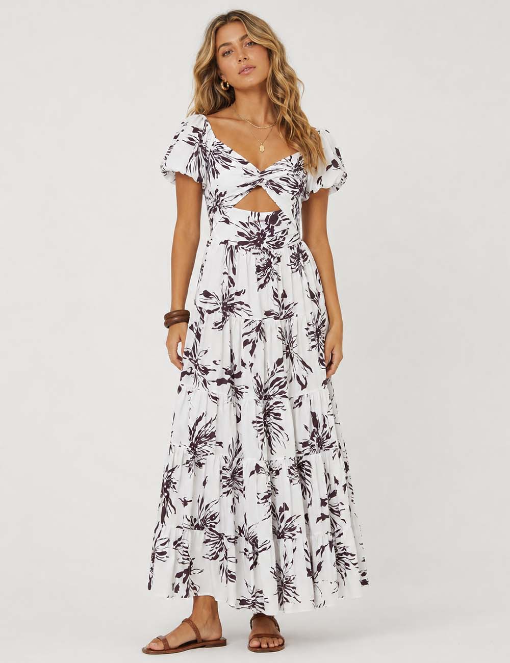 Ladies Bubble Short Sleeves Floral Print Maxi Dress