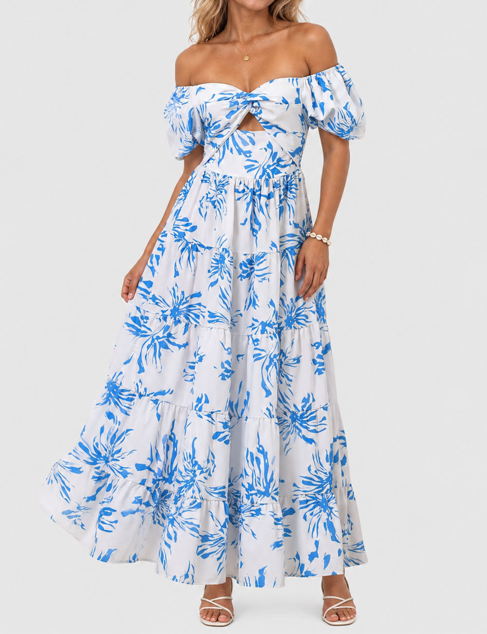 Ladies Bubble Short Sleeves Floral Print Maxi Dress