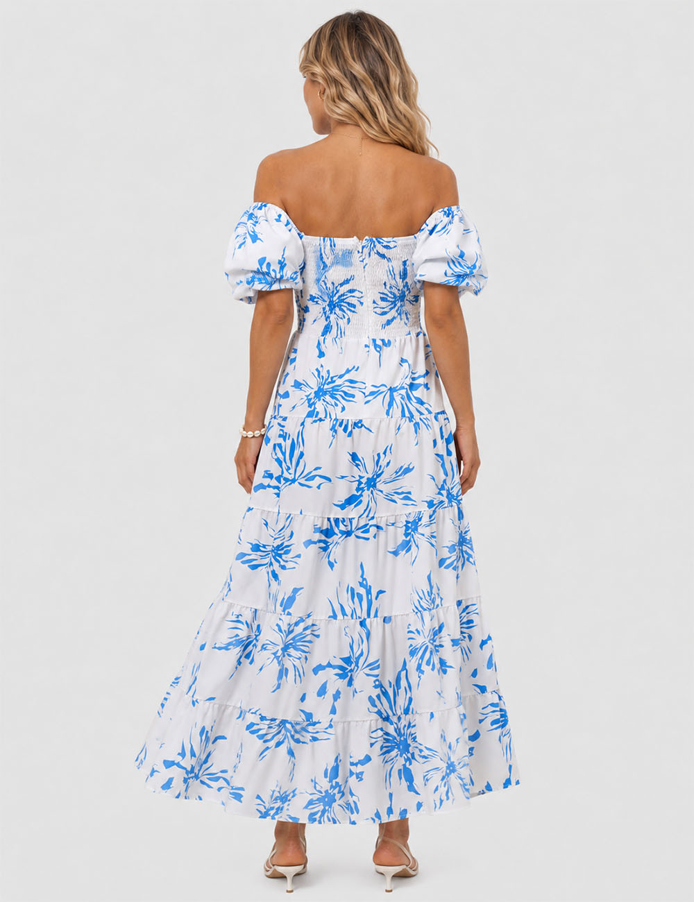 Ladies Bubble Short Sleeves Floral Print Maxi Dress
