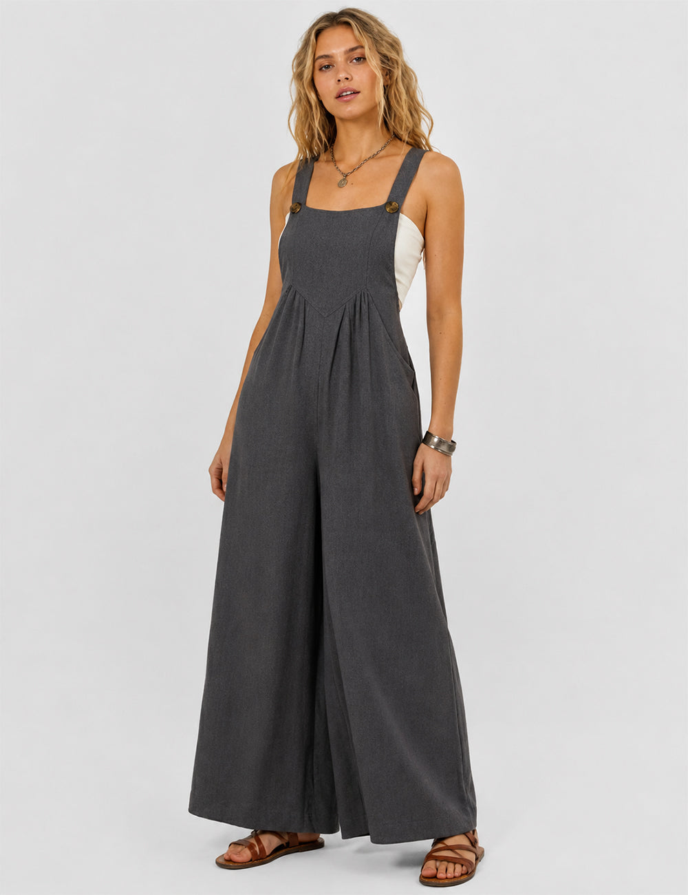 Ladies Solid Color Strape Shoulder Overalls Daily Jumpsuit