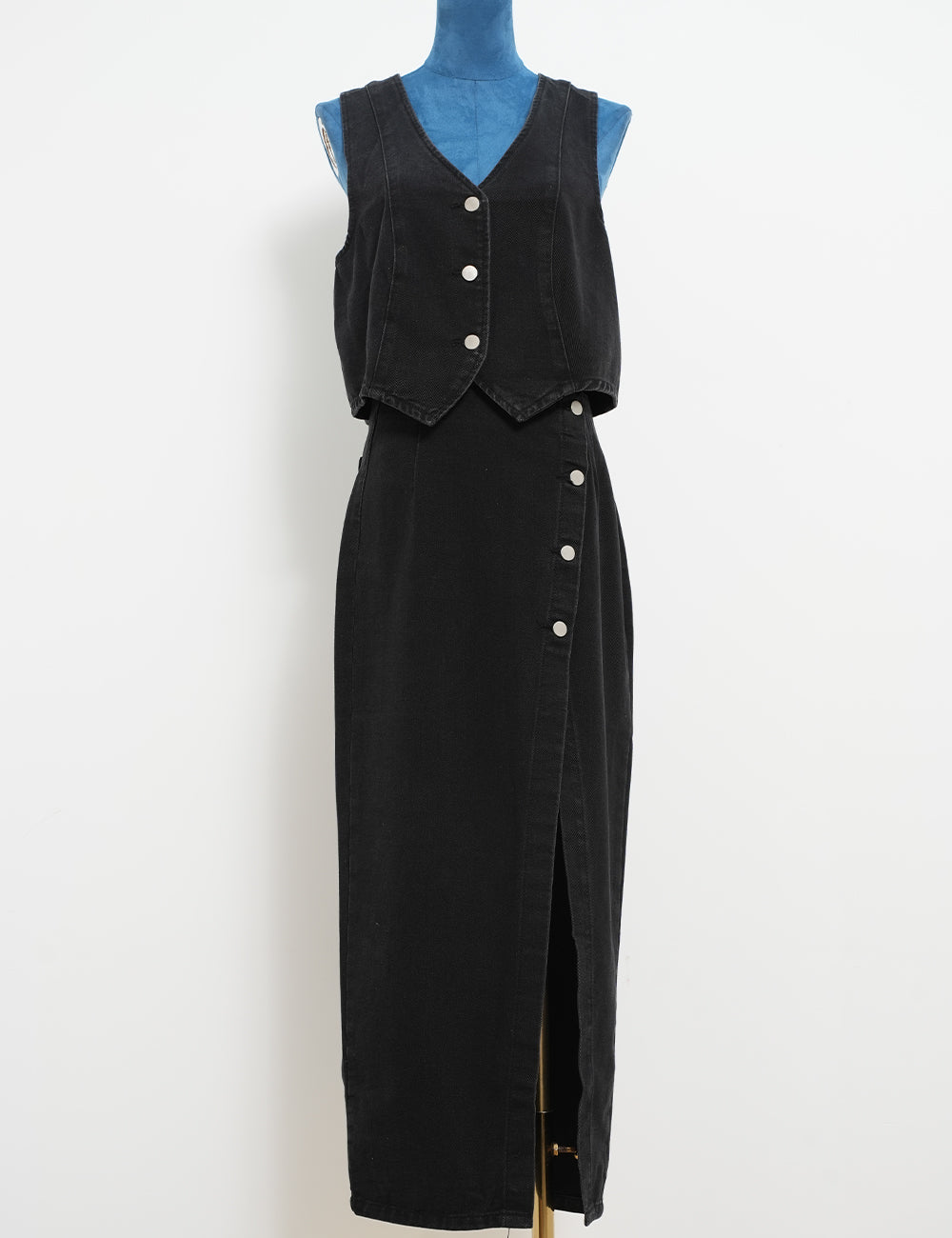 Ladies V-Neck Button Front Denim Vest & Midi Skirt 2PCS Set