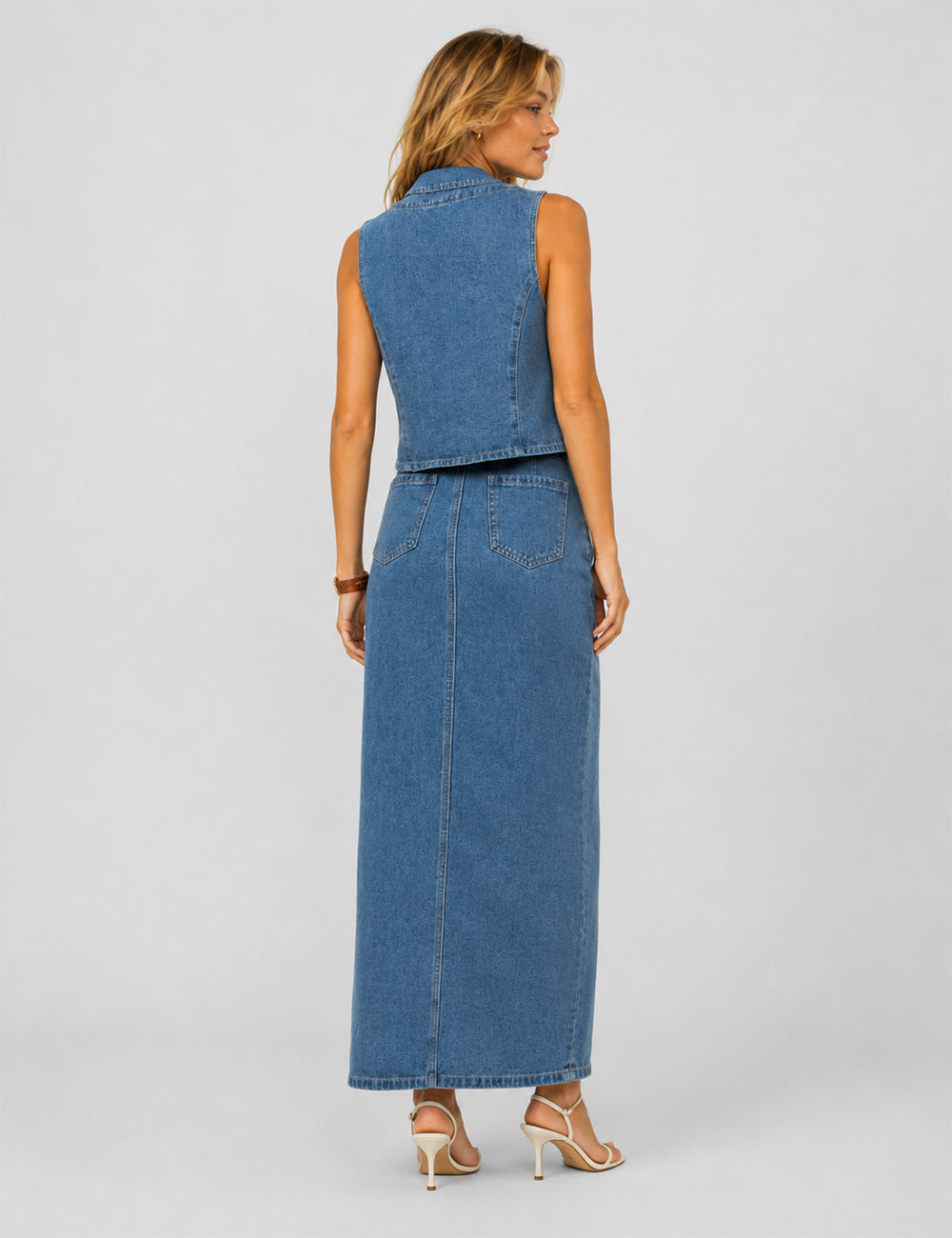 Ladies V-Neck Button Front Denim Vest & Midi Skirt 2PCS Set