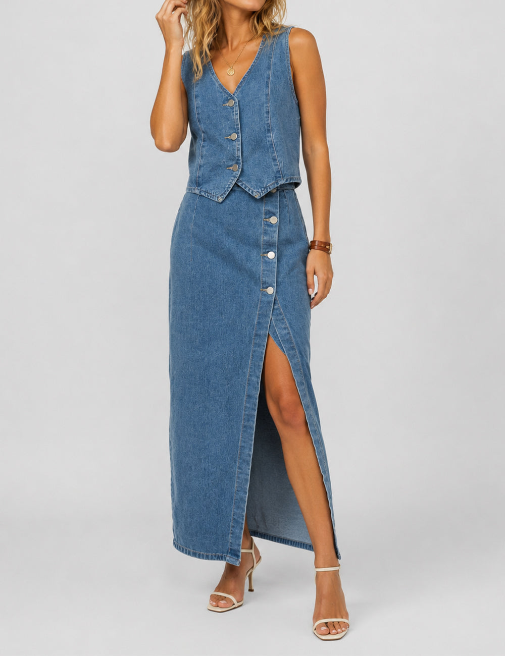 Ladies V-Neck Button Front Denim Vest & Midi Skirt 2PCS Set