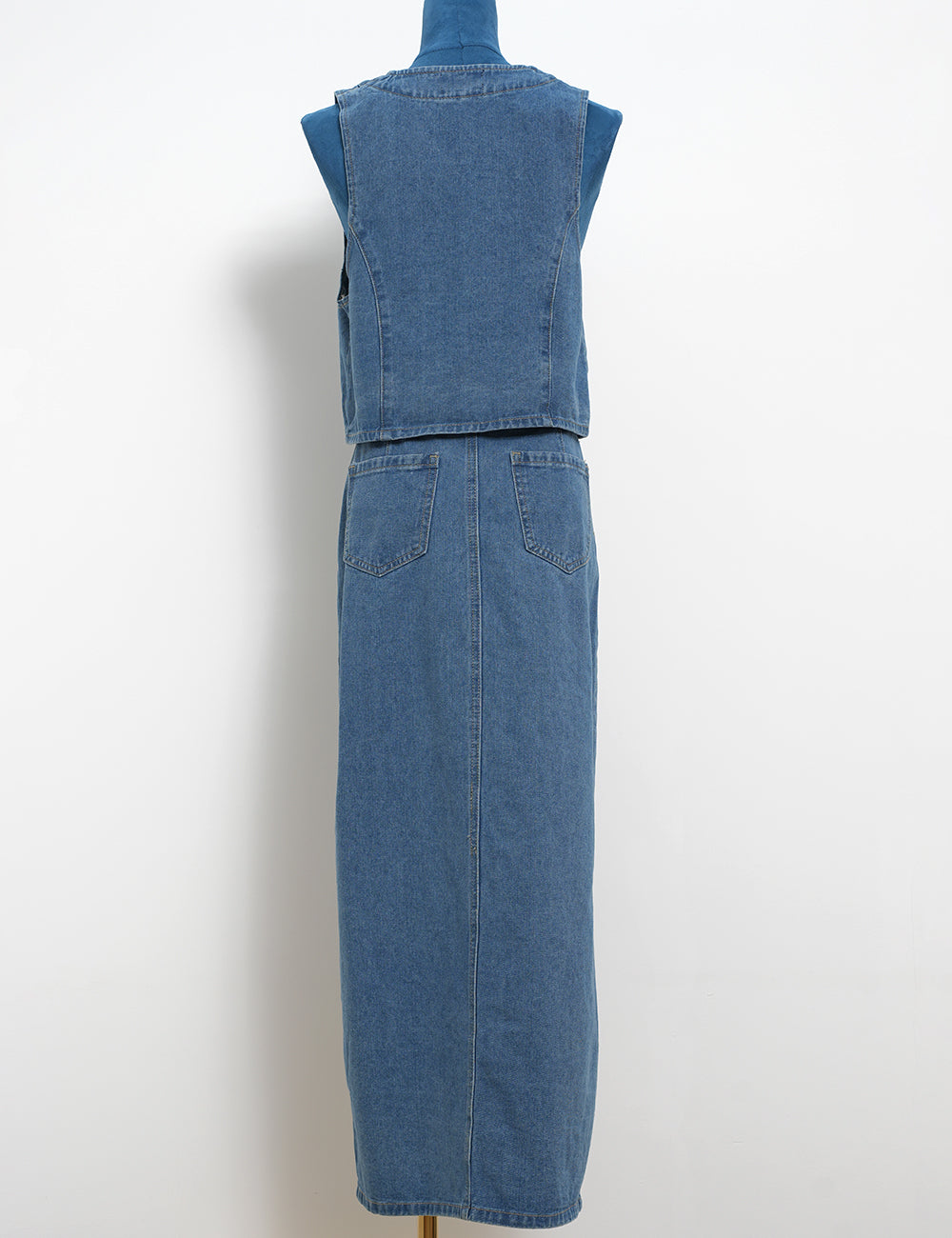 Ladies V-Neck Button Front Denim Vest & Midi Skirt 2PCS Set