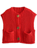 Ladies Button Front Chunky Knit Crop Sweater Vest
