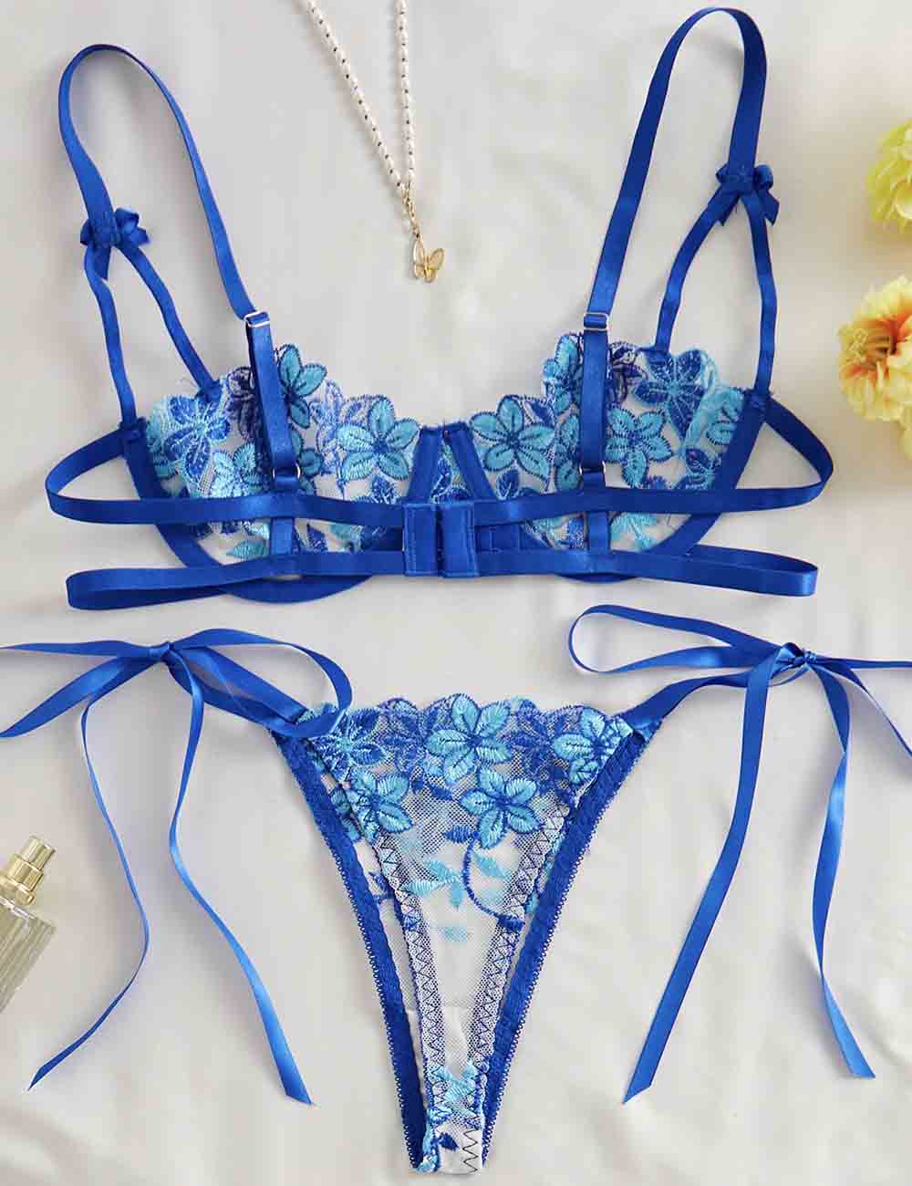 Ladies Floral Embroidery See Through 2PCS Lingerie Set 8XX0111