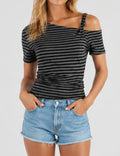 Ladies Striped One Shoulder Twist Strap T-Shirt