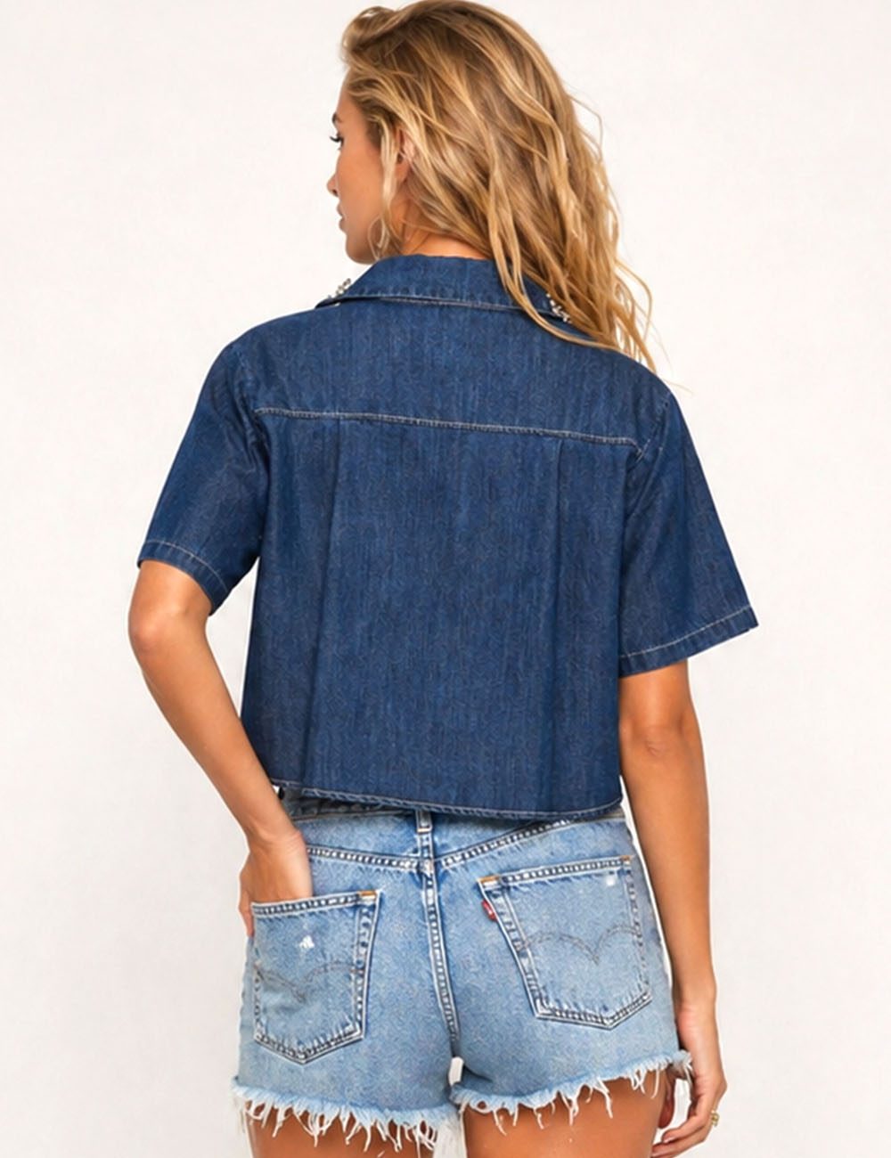 Ladies Rhinestone Shirt Collar Short Sleeves Button-Up Denim Top