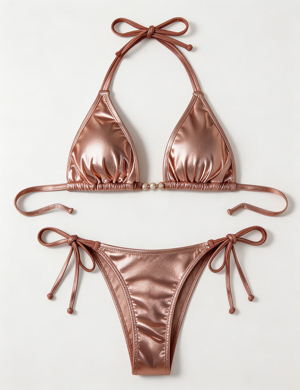 Ladies Metallic Pearl Ring Halter Triangle 2 Piece Bikini Set