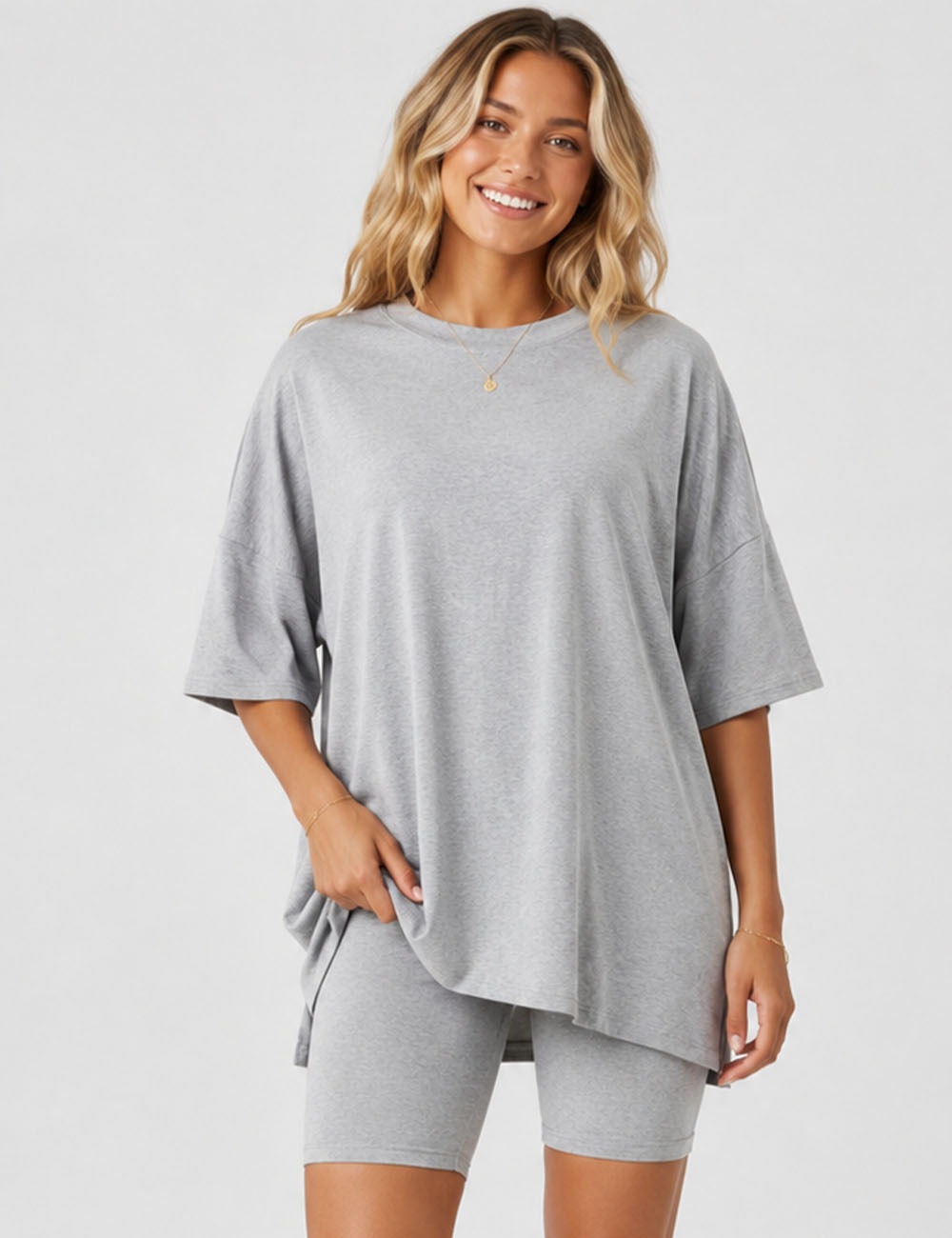 Ladies Solid Loungewear Outfits Loose Top & Slim Shorts Set