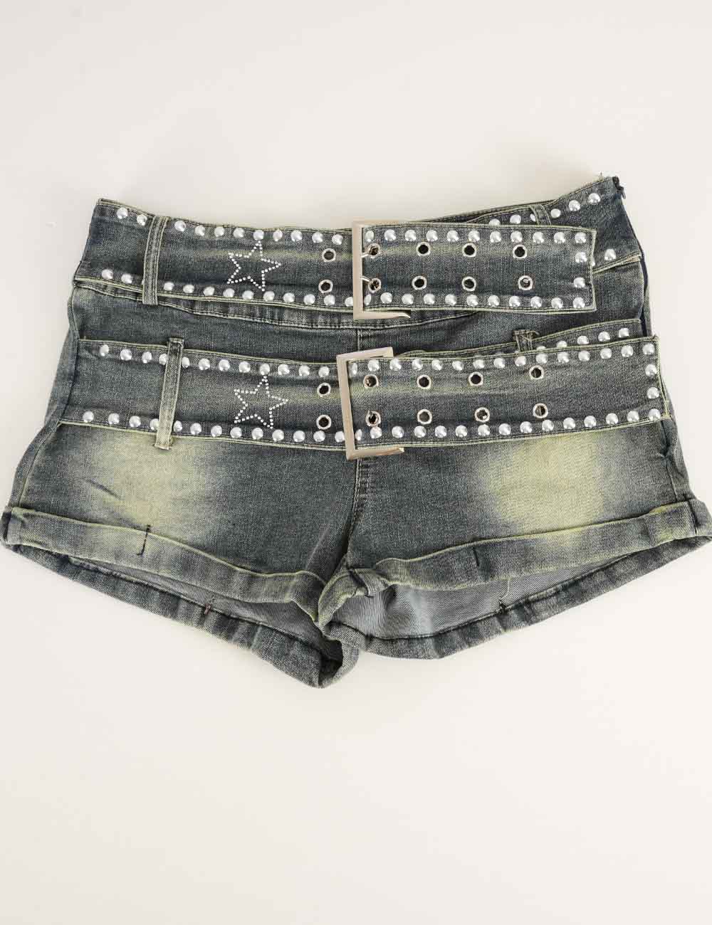 Ladies Double Wrap Belt Star Stud Metal Eyelet Denim Mini Shorts
