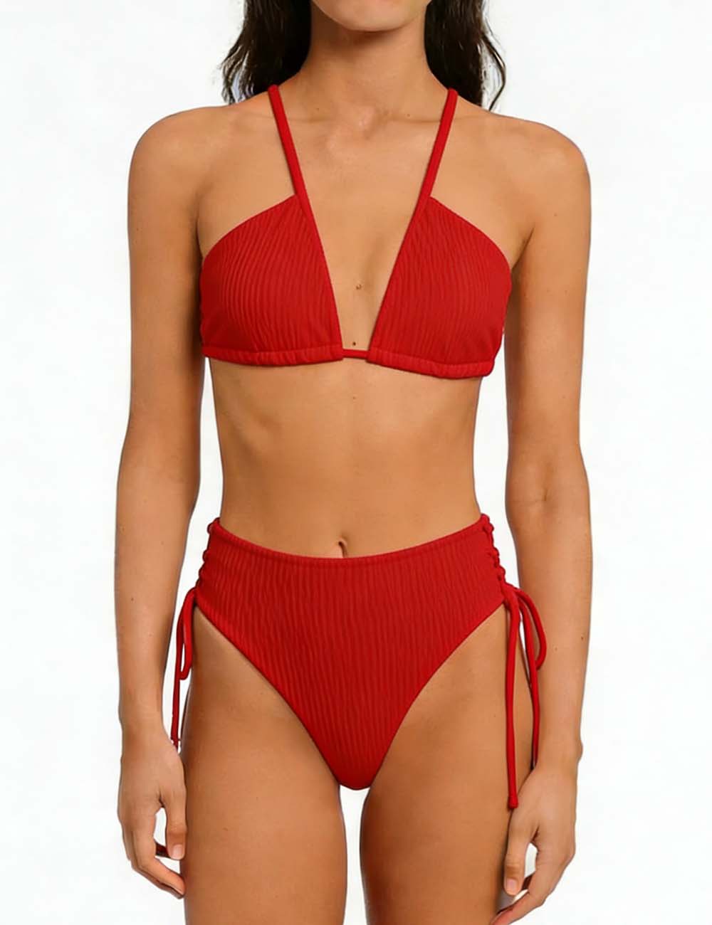 Ladies Solid Color Shoulder String Tie Bikini Set 8BK3WST317