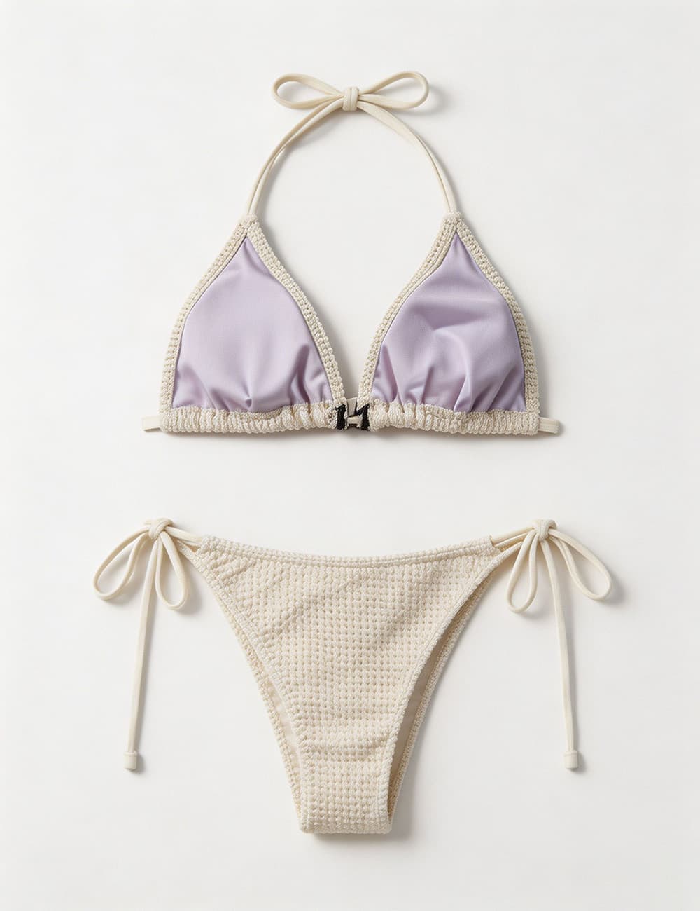 Ladies Waffle Shell Crochet Trim Halter Triangle 2 Piece Bikini Set