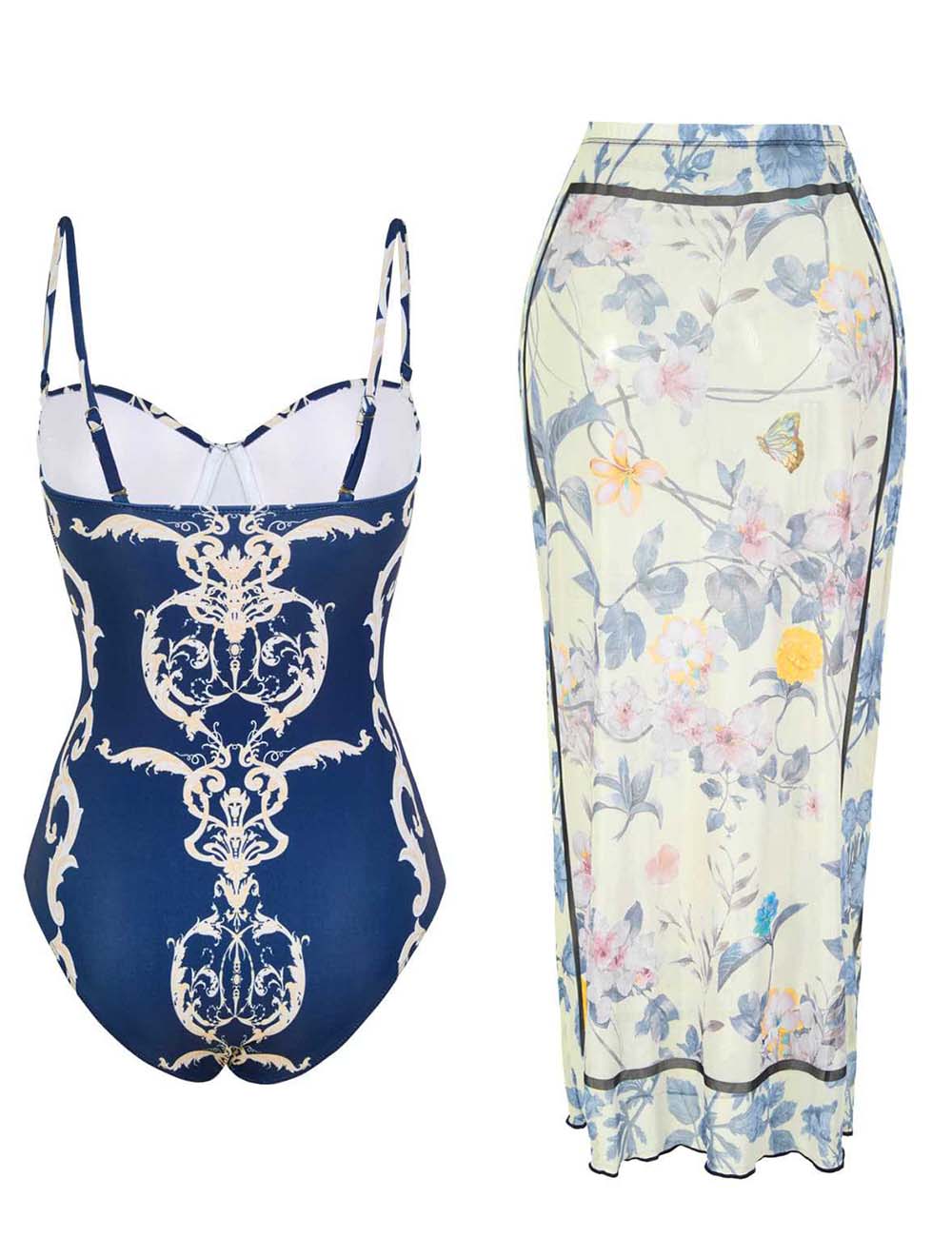Ladies Floral Print One-Piece Swimsuit & Cover-Up Set