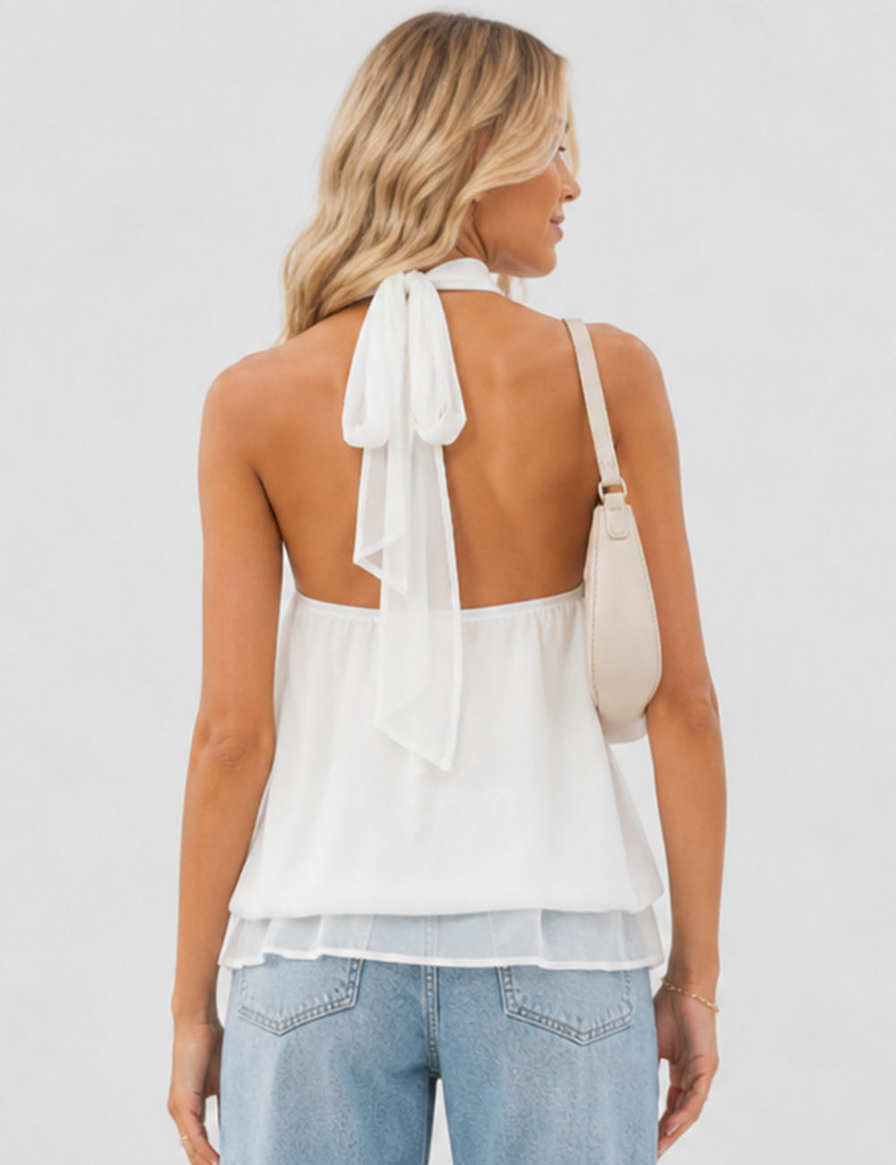 Ladies Chiffon Stand Neck Solid Color Ruffle Hem Sleeveless Top