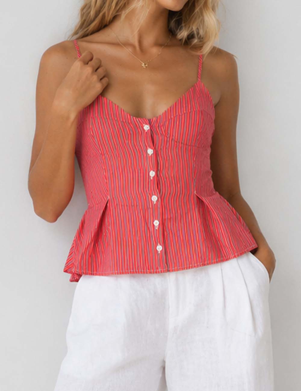 Ladies Chic Striped Spaghetti Strap Button Front Peplum Cami Top