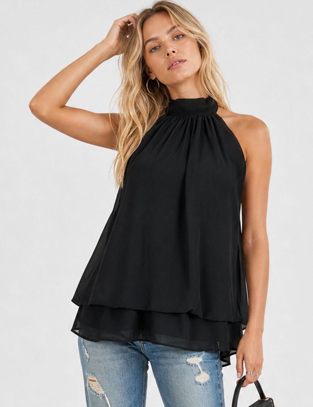 Ladies Chiffon Stand Neck Solid Color Ruffle Hem Sleeveless Top