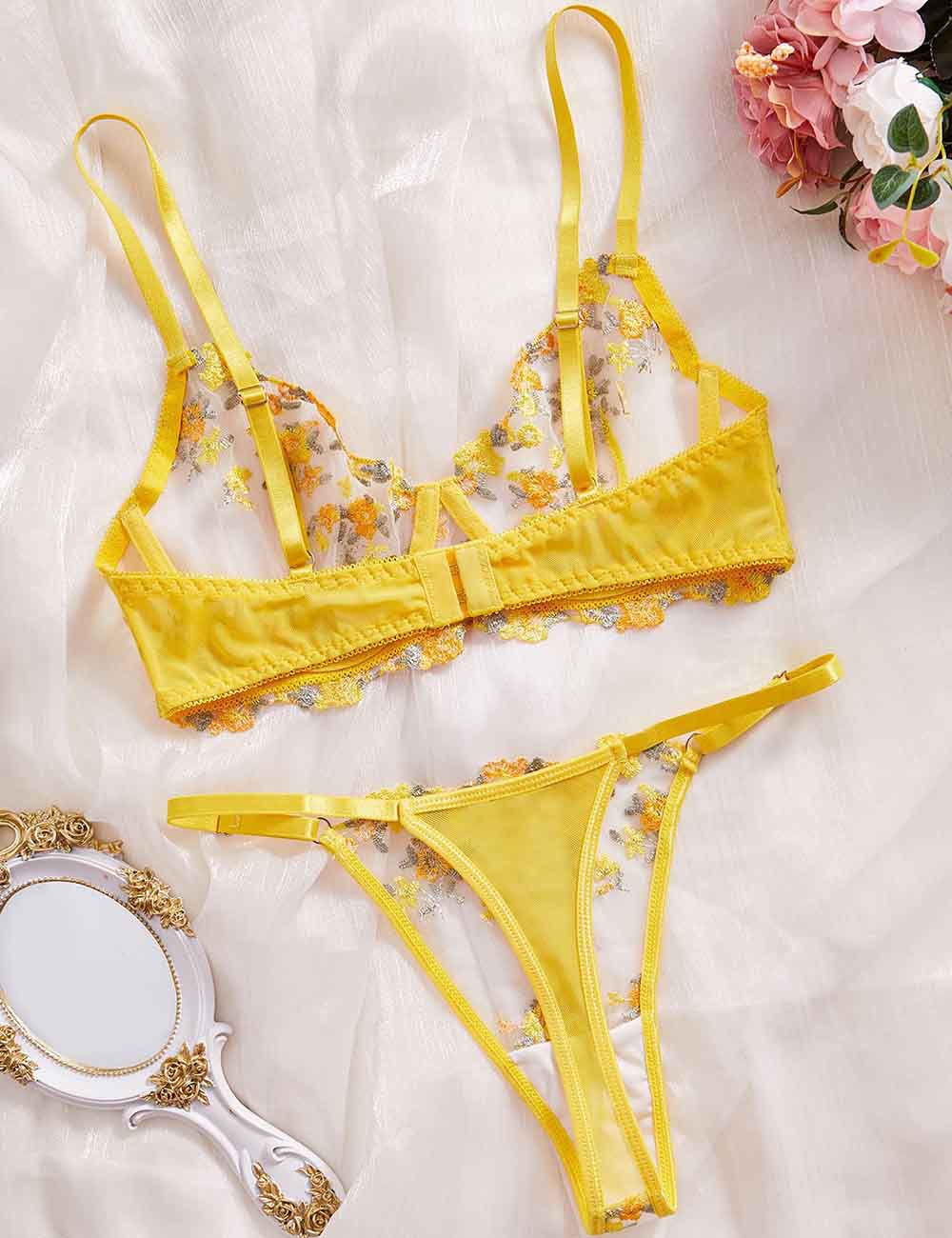 Ladies Sexy Sheer Floral Embroidery Thong 2PCS Lingerie Set