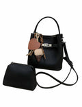 Ladies Litchi Faux Leather Crossbody Mini Bucket Bag Set