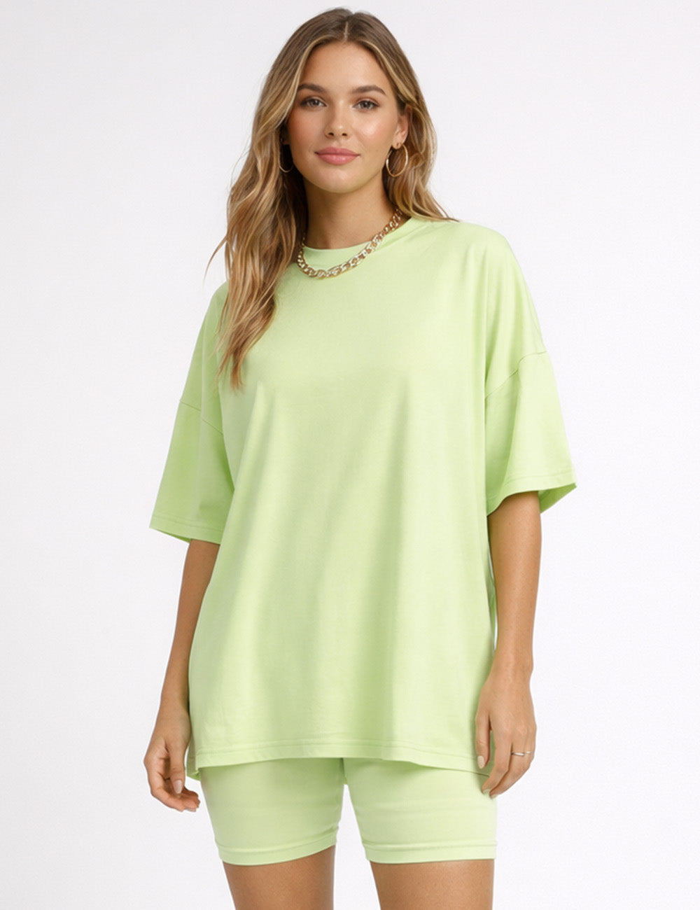 Ladies Solid Loungewear Outfits Loose Top & Slim Shorts Set