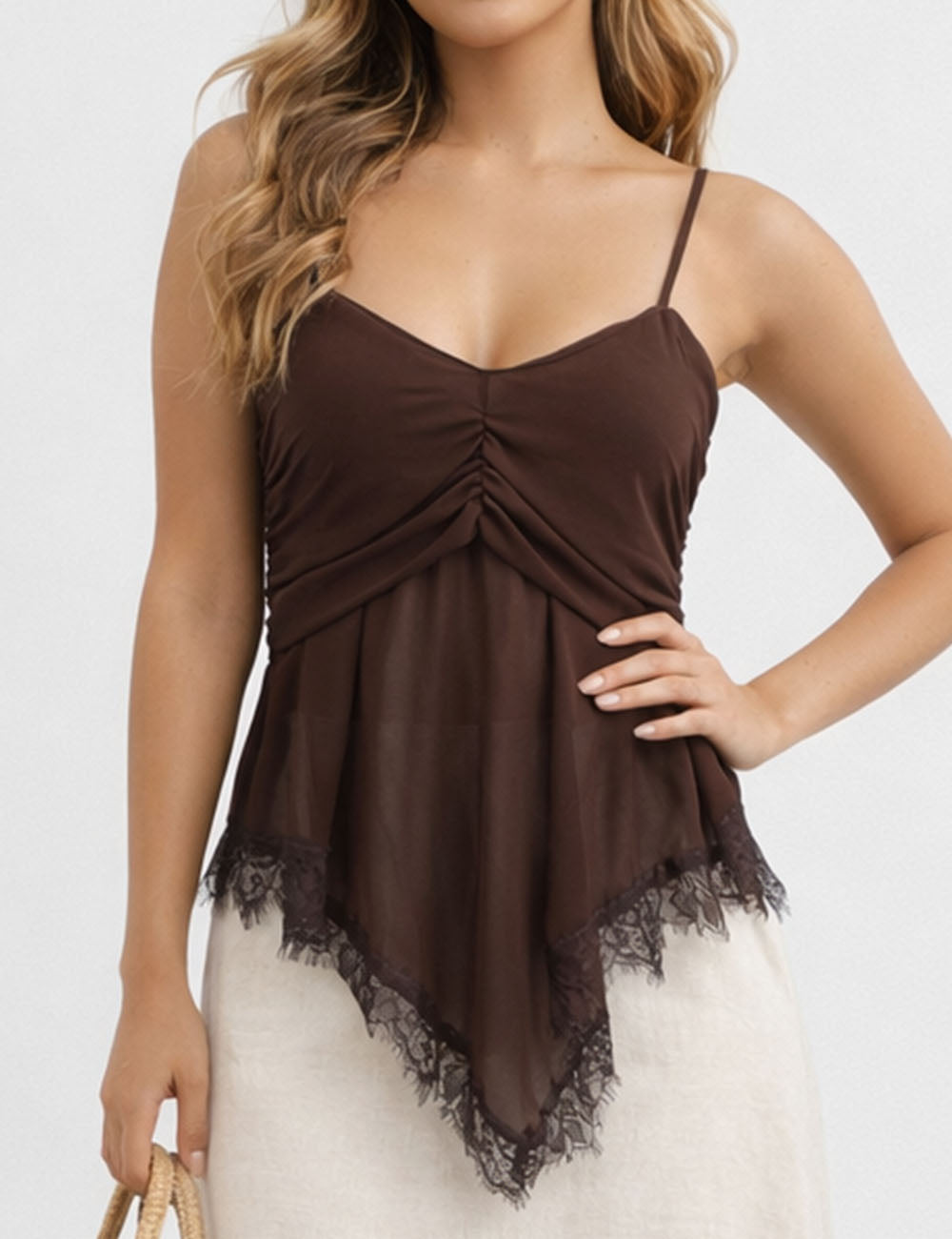 Ladies Sheer Mesh Lace Hem Spaghetti Strap Cami Top