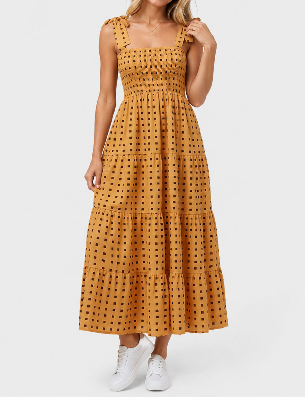 Ladies Abstract Print Smocked Tie Strap Square Neck Midi Dress