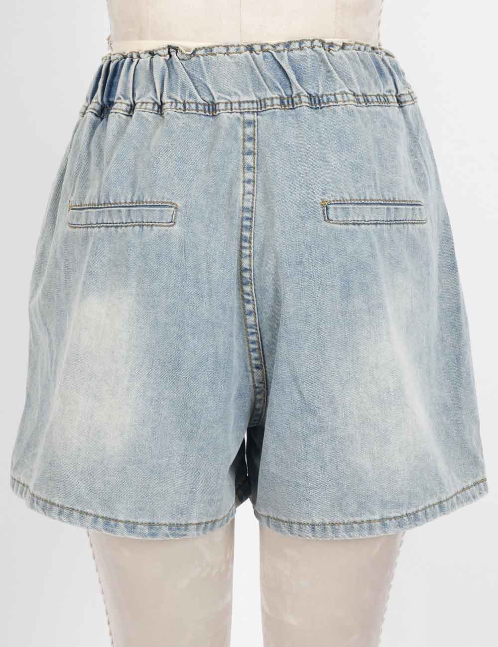 Ladies Rhinestone Heart Wide Leg Drawstring Denim Shorts