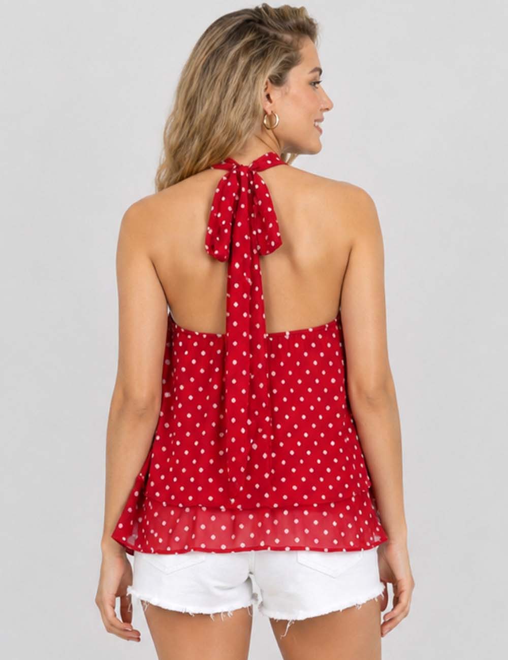 Ladies Chiffon Polka Dot Stand Neck Sleeveless Ruffle Hem Top