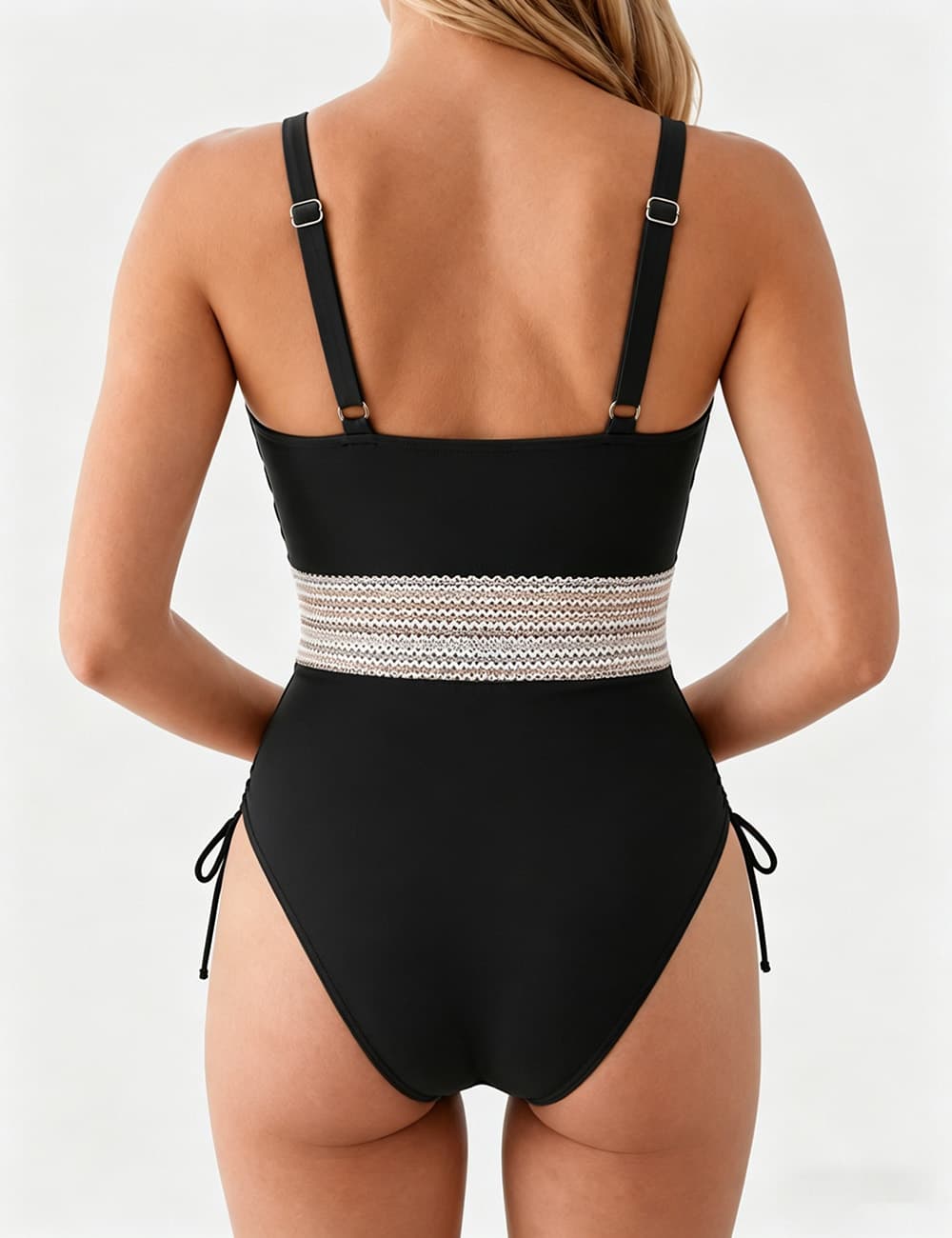 Ladies Deep V-Neck Adjustable Side Drawstring One Piece Swimsuit