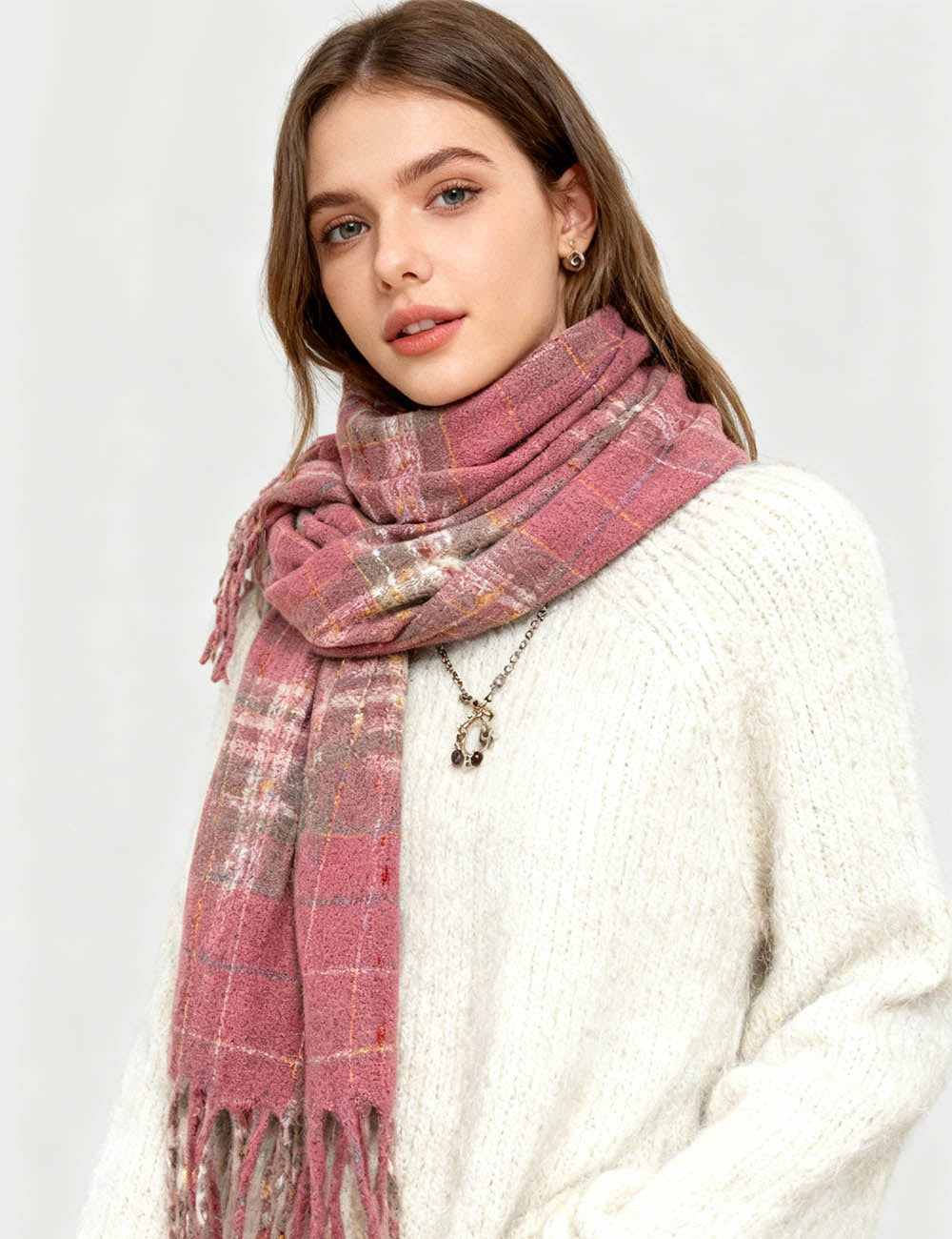 Ladies Christmas Plaid Fringe Oblong Knit Scarf