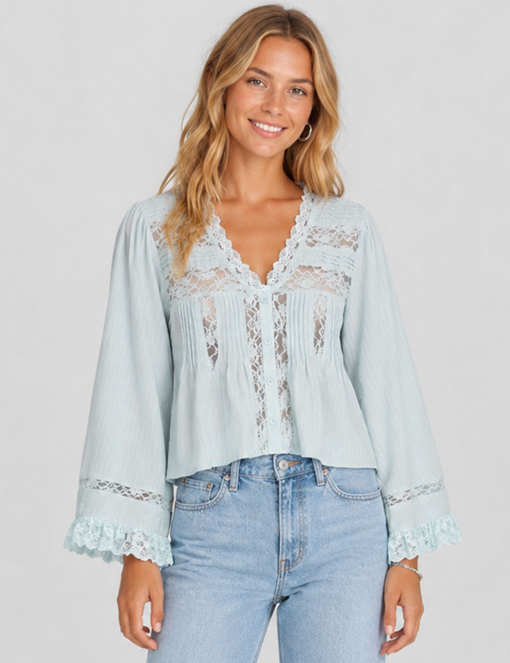 Ladies Solid Color Eyelets Ruffle Lace Blouse
