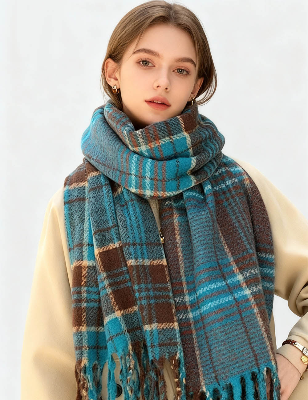 Ladies Retro Plaid Oblong Fringe Knit Scarf