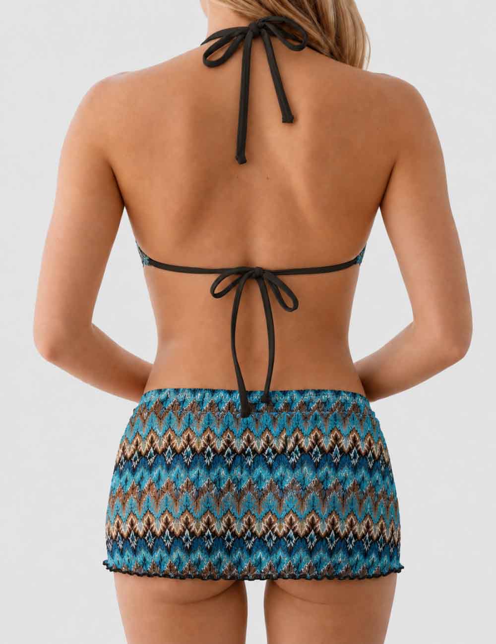 Ladies Wave Striped Knit Triangle Bikini Set with Cover Up Skirt