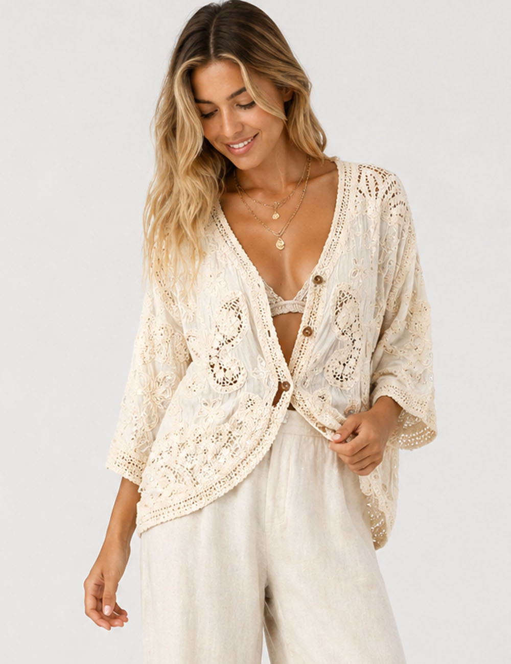 Ladies Crochet Embroidered Kimono Sleeves Cardigan