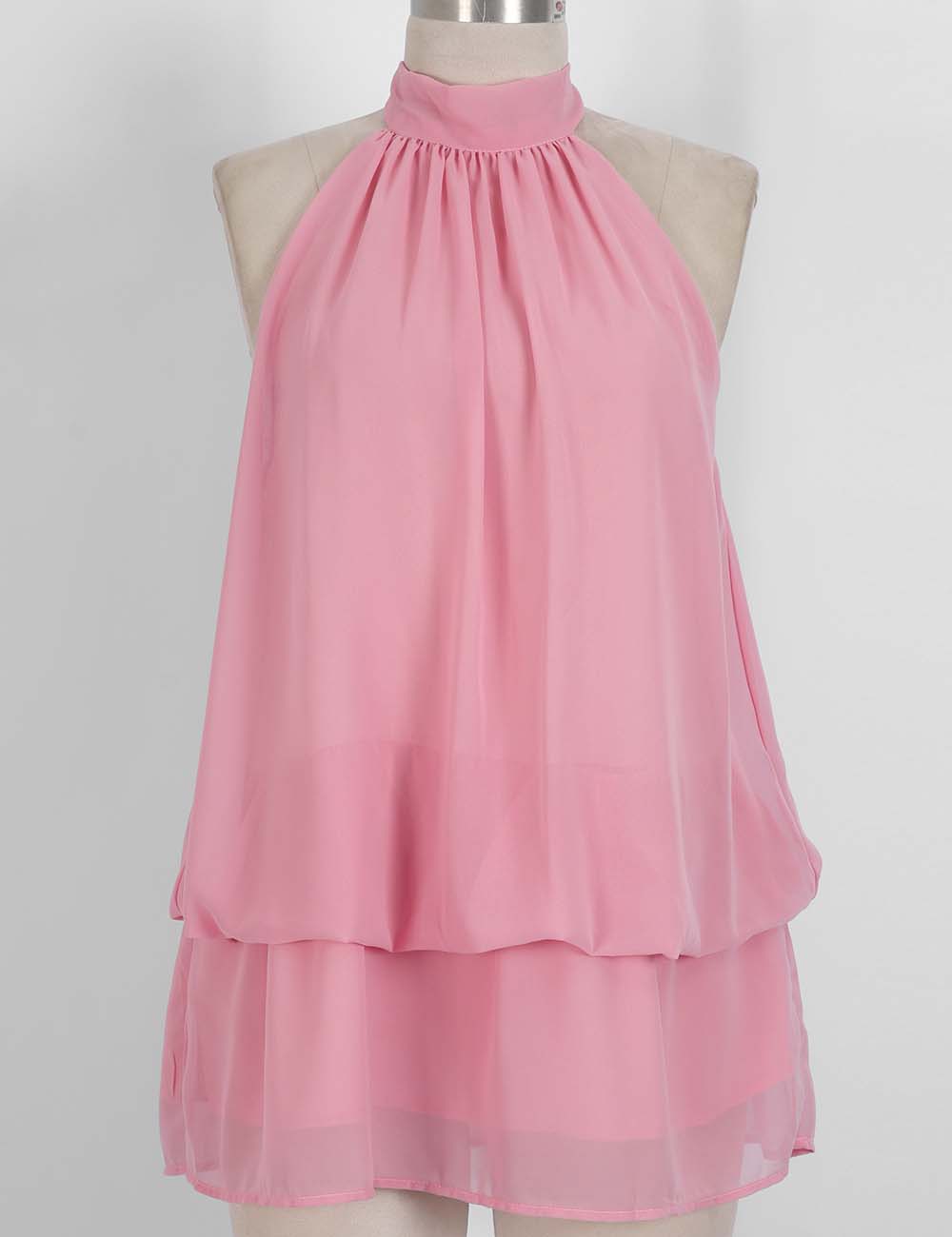 Ladies Chiffon Stand Neck Solid Color Ruffle Hem Sleeveless Top