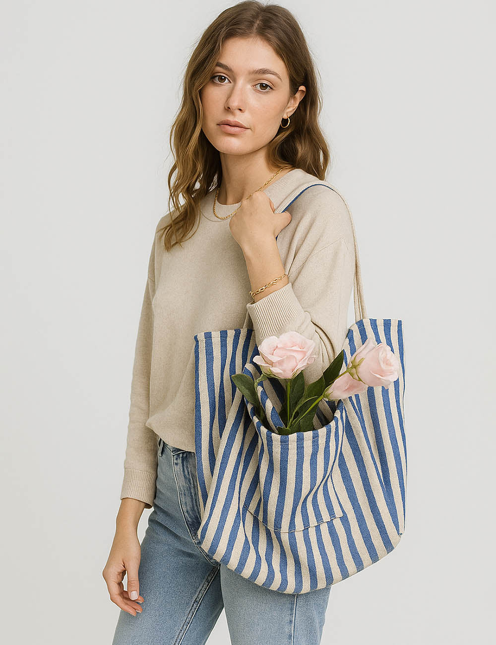 Ladies Striped Double Pocket Large Capacity Canvas Tote Bag