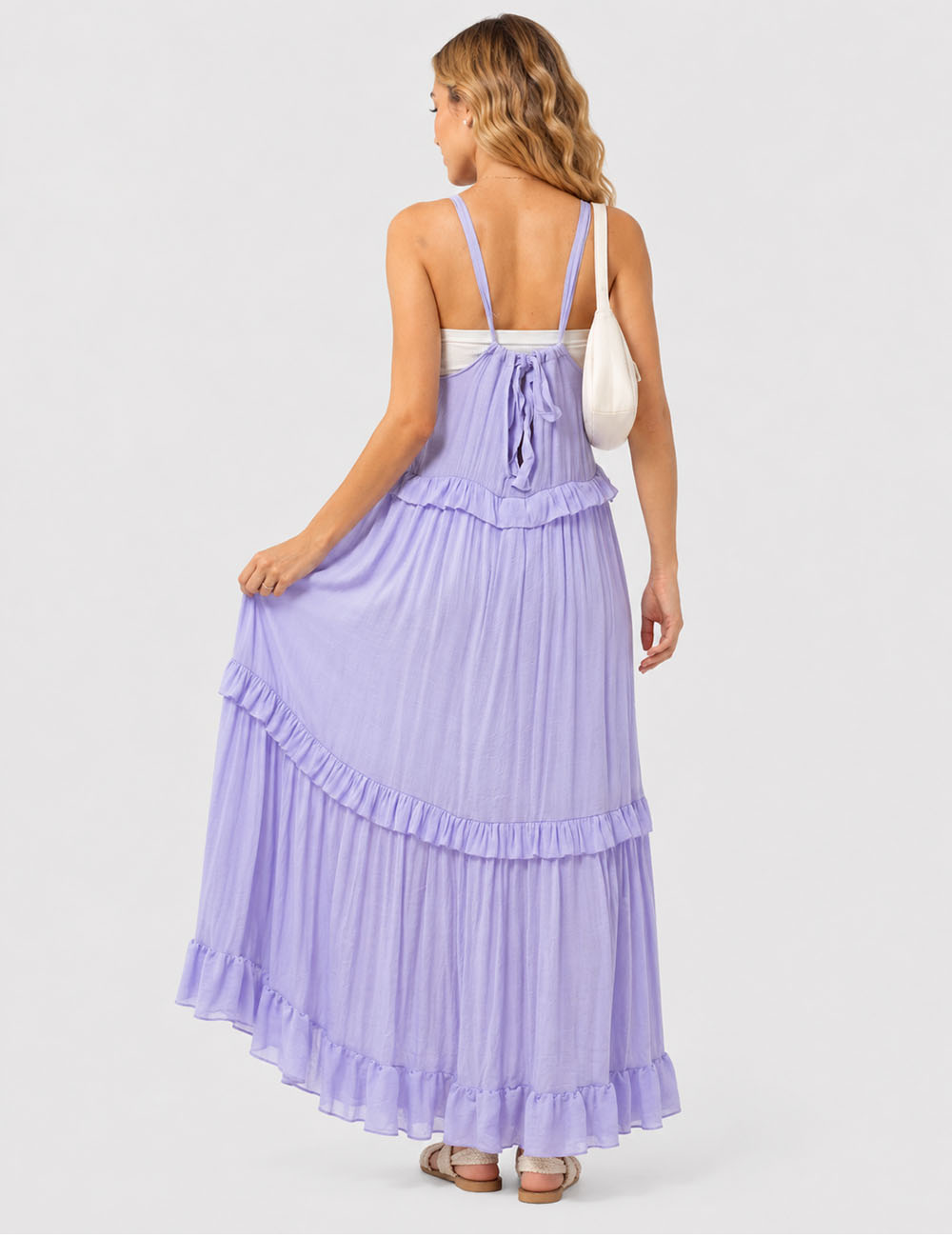 Ladies Boho Ruffle Tiered Hem Sleeveless Solid Color Maxi Dress