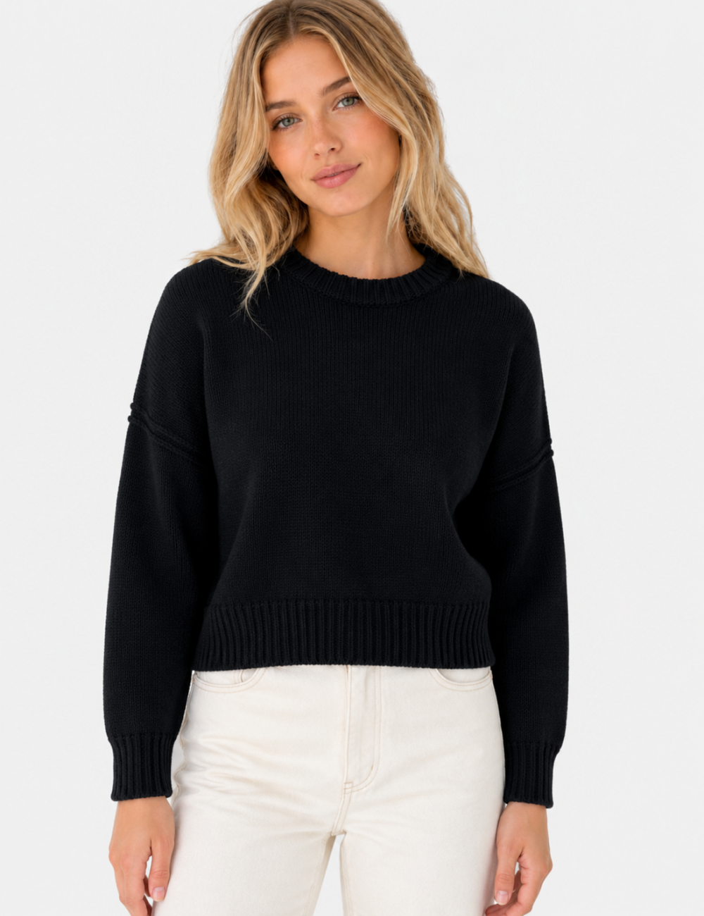 Ladies Crew Neck Cropped Knit Sweater