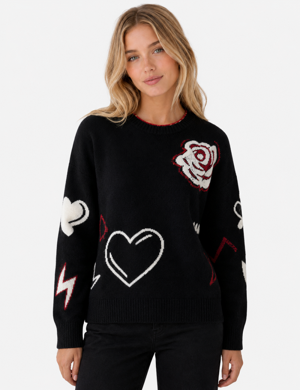 Ladies Heart Music Note Jacquard Crew Neck Knit Sweater