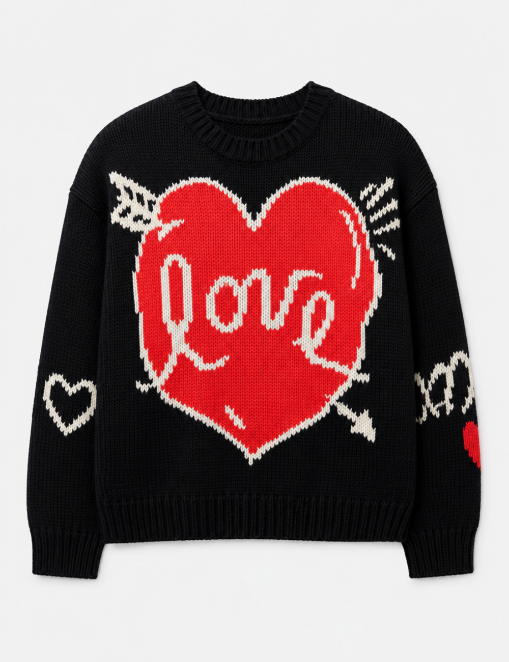 Ladies Love Heart Pattern Crew Neck Knit Sweater