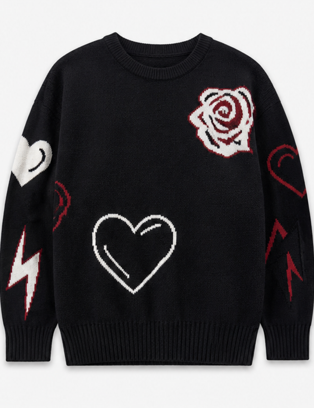 Ladies Heart Music Note Jacquard Crew Neck Knit Sweater