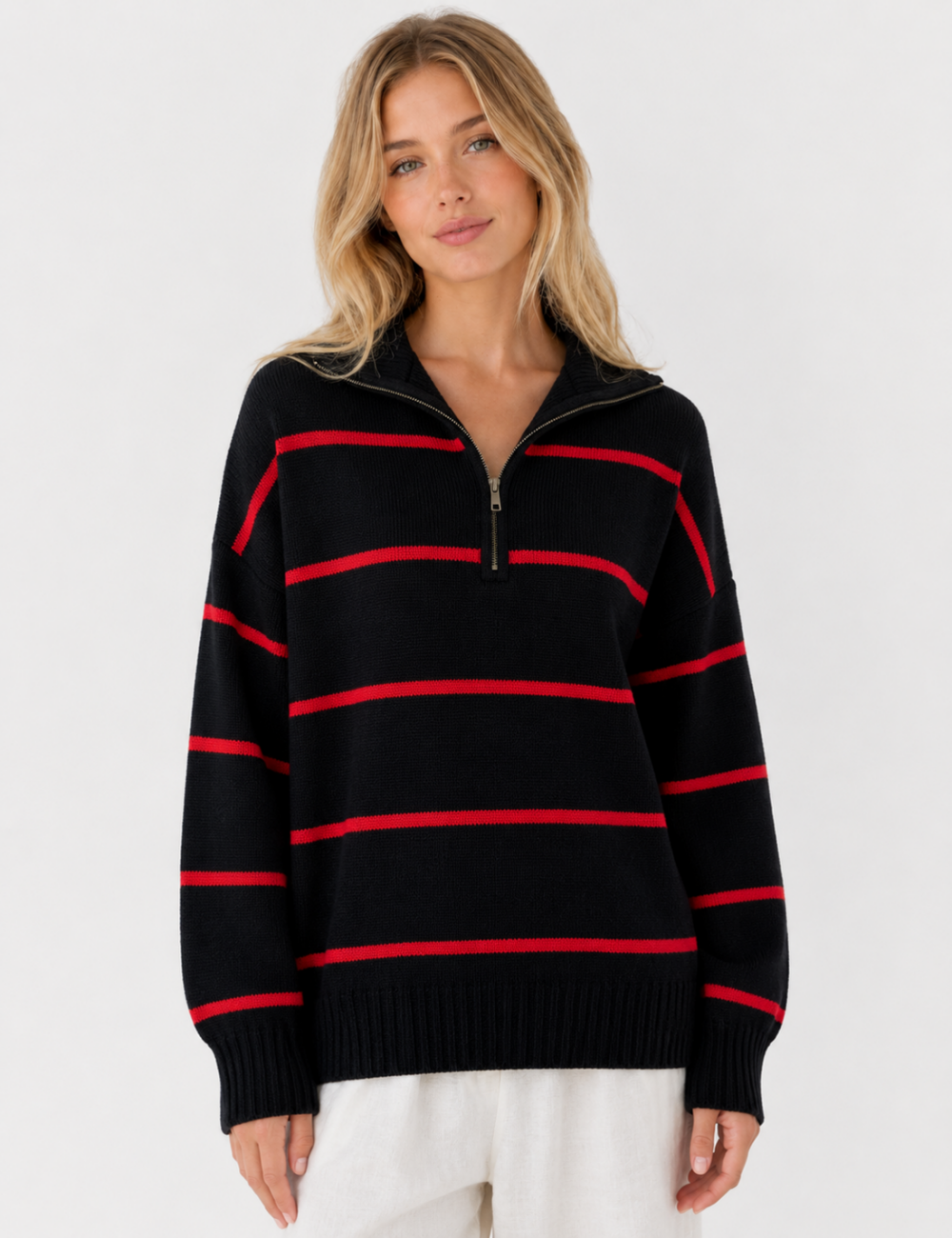 Ladies Horizontal Stripe Half Zip Collar Knit Sweater