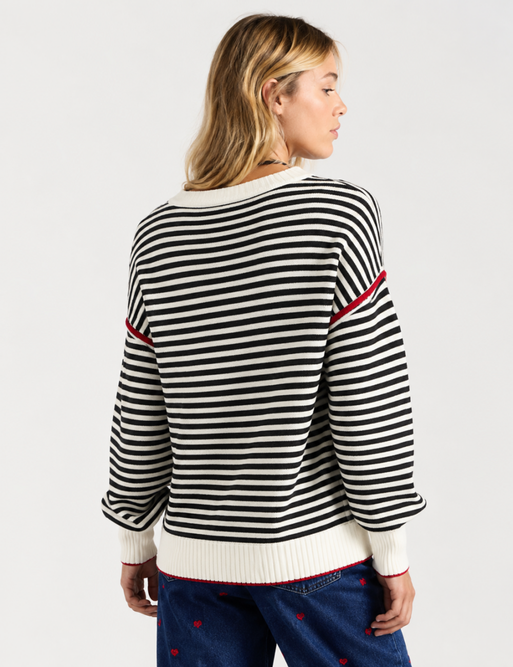 Ladies Color Block Striped Boat Neck Long Sleeve Knit Sweater