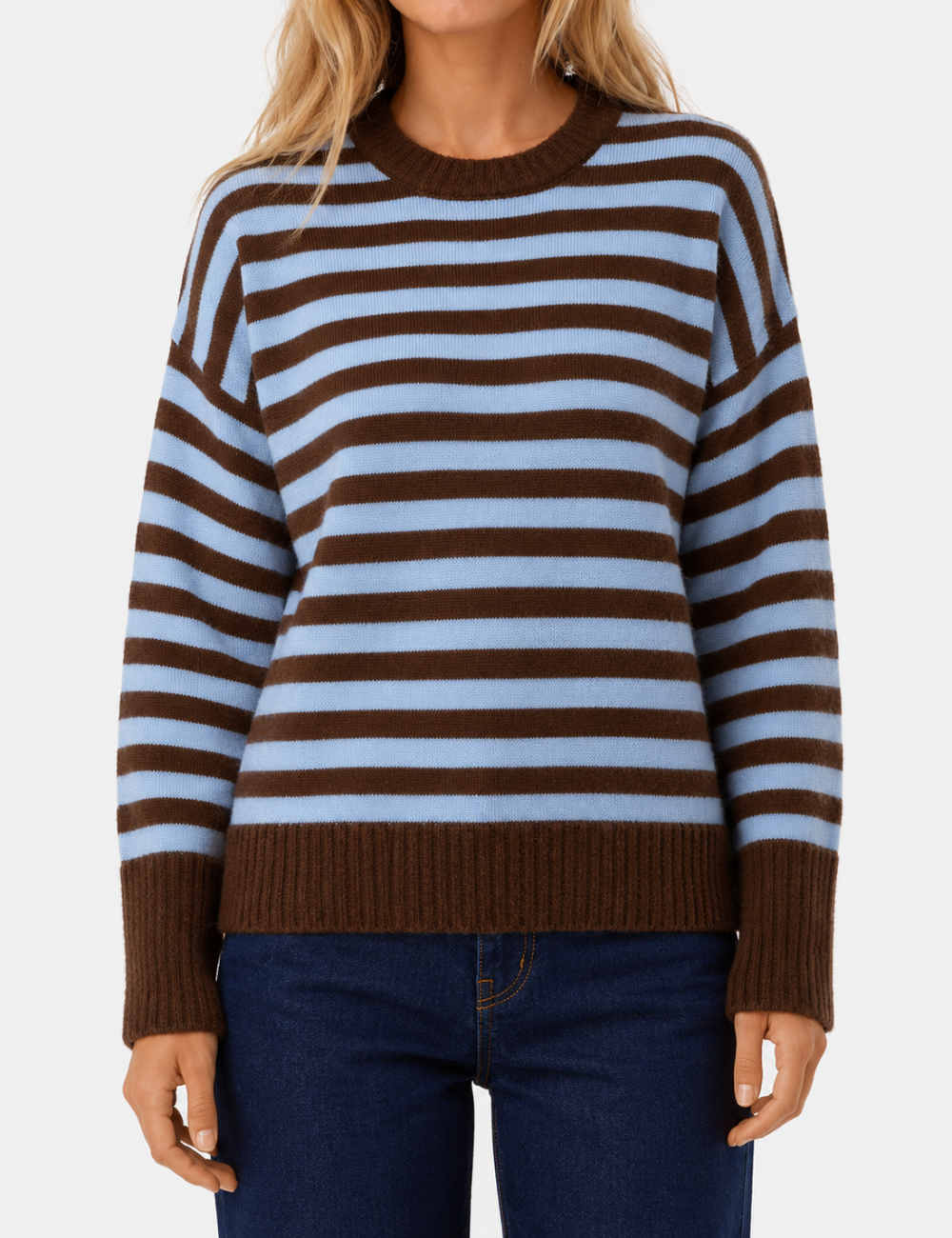 Ladies Horizontal Stripe Crew Neck Drop Shoulder Knit Sweater