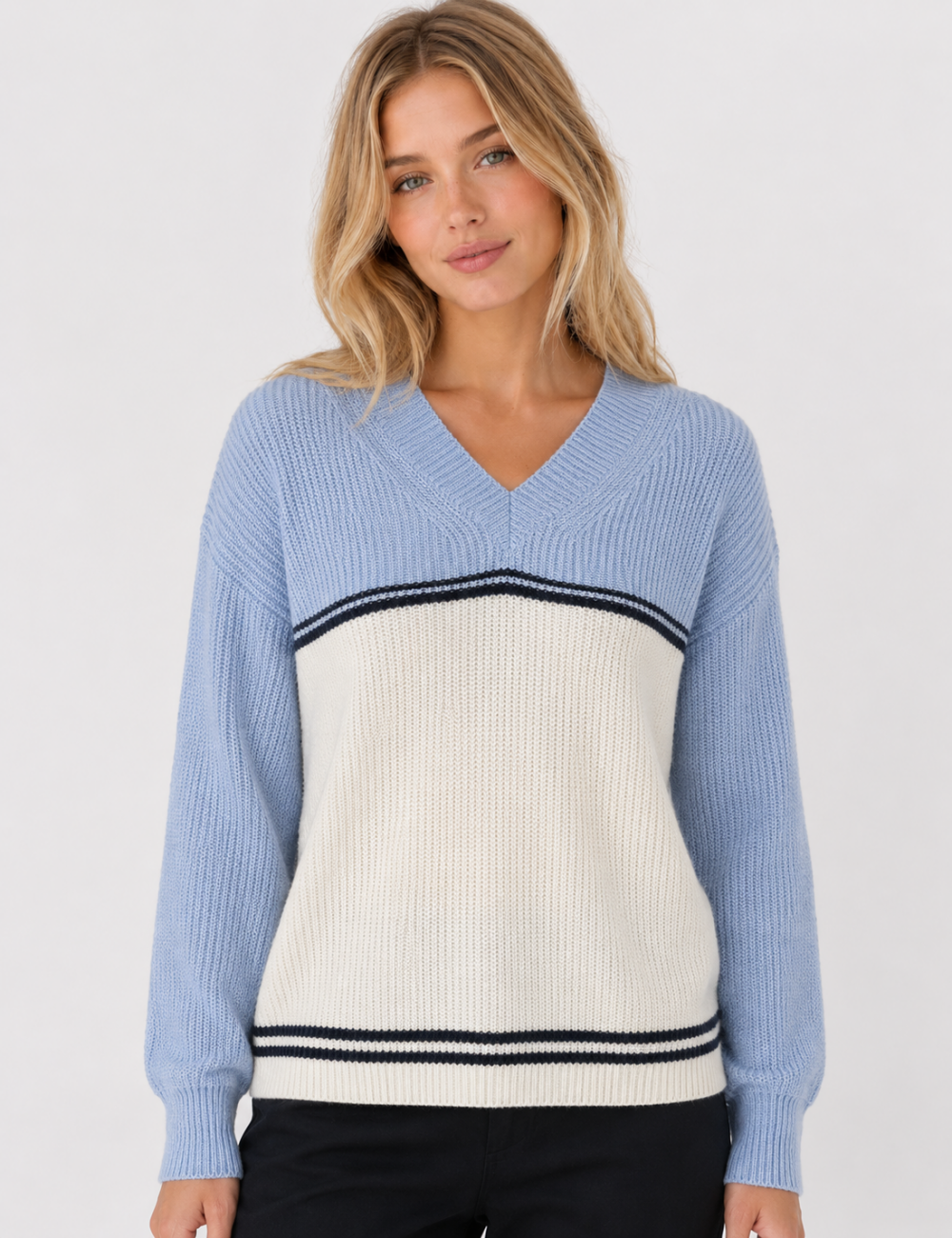 Ladies Long Drop Shoulder Sleeves V Neck Sweater