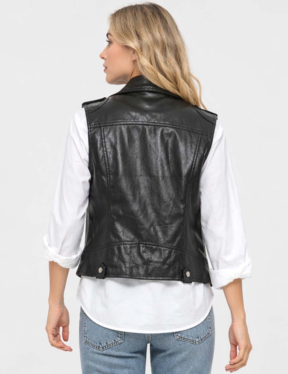 Ladies Faux Leather Notched Collar Zip-Up Sleeveless Vest