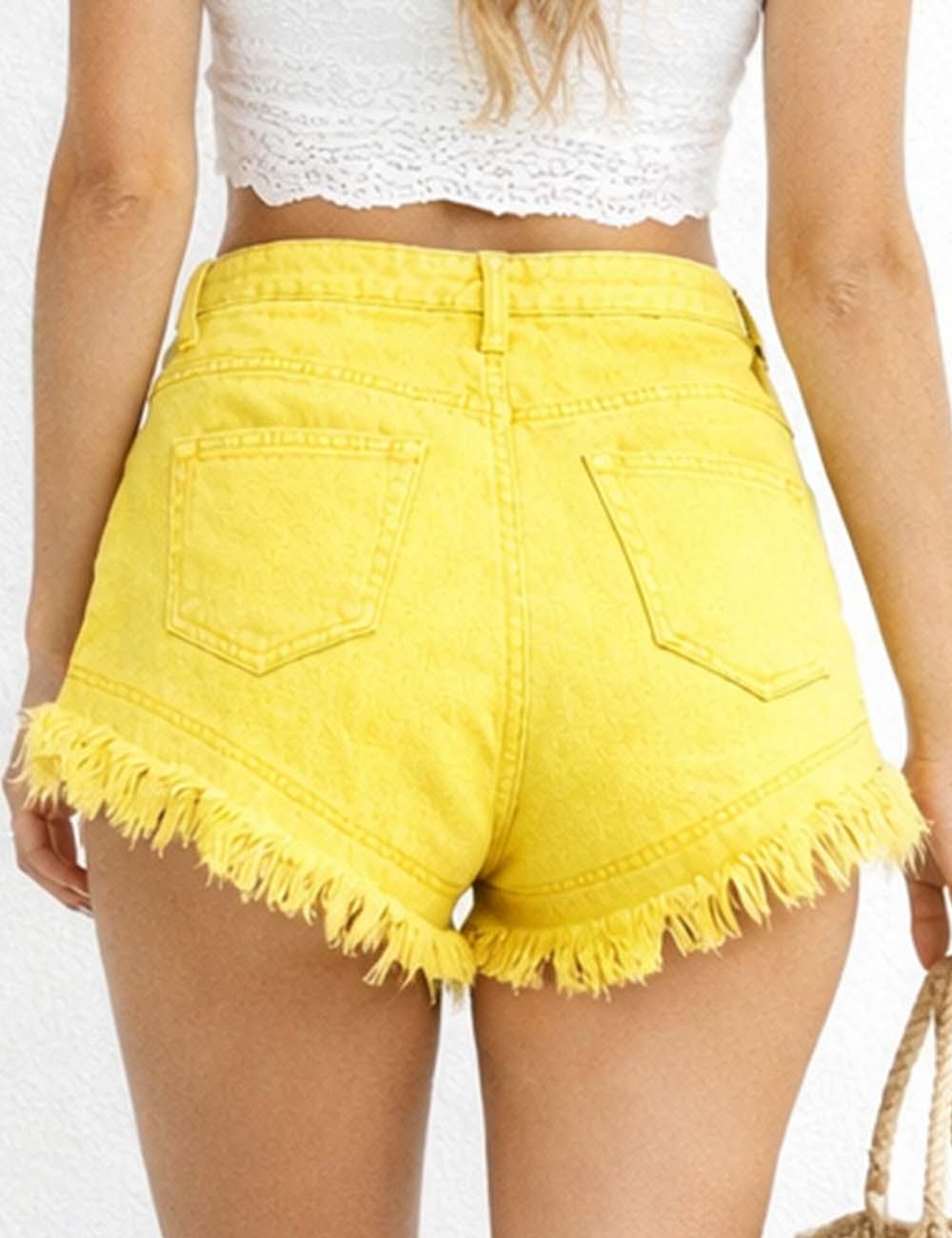 Ladies Distressed Raw Edge Frayed Hem Denim Shorts