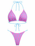 Ladies Pink Blue Heart Printting Back Ties Bikini Set