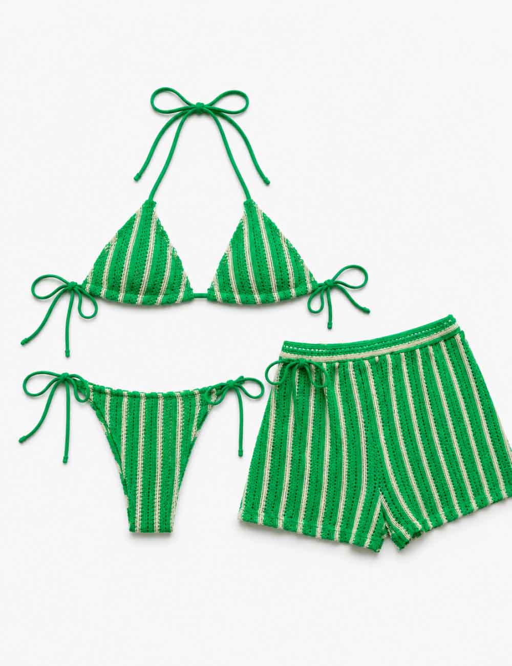 Ladies Striped Crochet Triangle 3 Piece Bikini Set With Cover Up Shorts