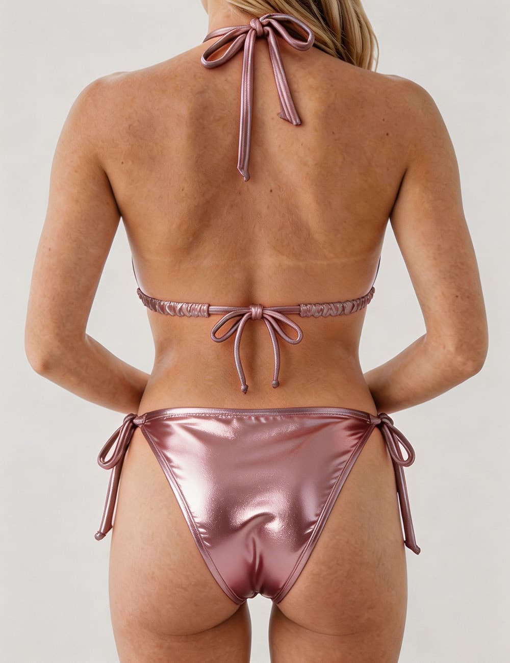 Ladies Metallic Pearl Ring Halter Triangle 2 Piece Bikini Set